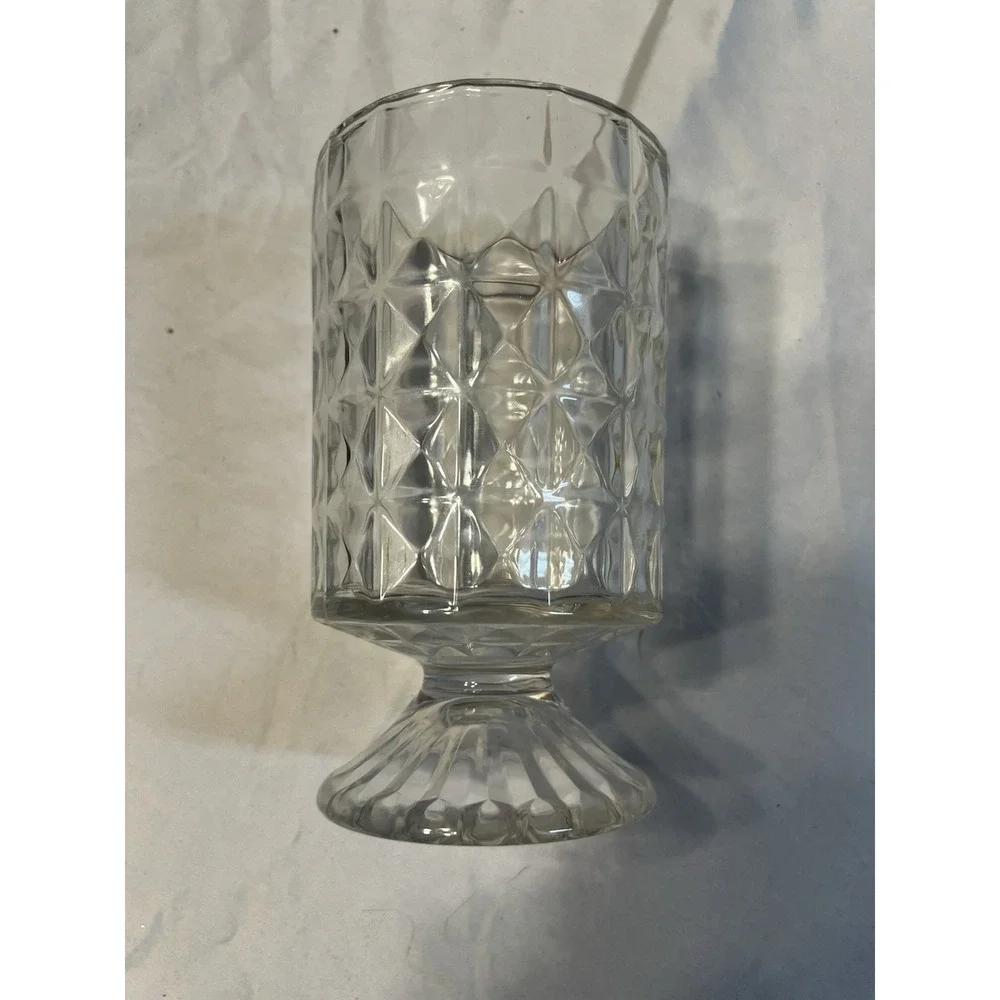 Vintage Clear‎ Diamond Cut Footed Glass Vase Ribbed Pedestal Base 6.5 Inch